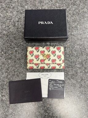 Prada Cream Saffiano Leather Card Case with Red Heart Motif